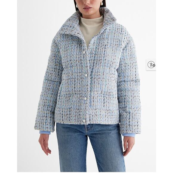 NWT Express Women’s Tweed Puffer Coat Snap Button Blue Size Medium Jacket - Picture 1 of 8
